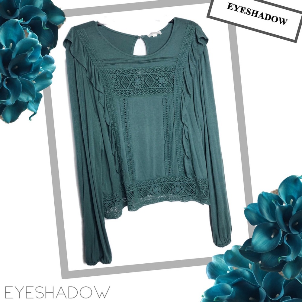 Eyeshadow Teal Lace-Trim Long Sleeve Blouse